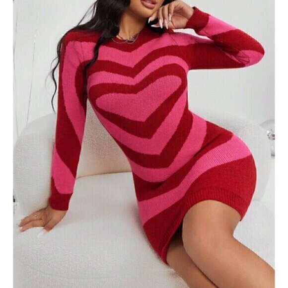 SHEIN Dresses & Skirts - SHEIN Allurite Heart Pattern Round Neck Sweater Dress Pink Red Fitted Bodycon